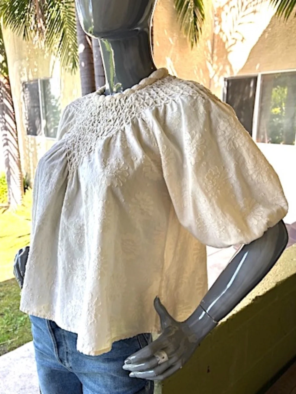 $249 CHRISTY DAWN Organic Cotton Flower Jacquard Top w/ Smocking Det.EUC/sz XS